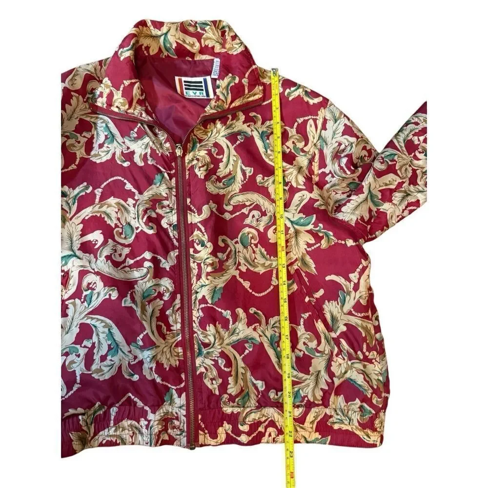EVR DIV Rousso Apparel Vintage 100% Silk Women's Bomber Jacket Leaves Tan Red Sz